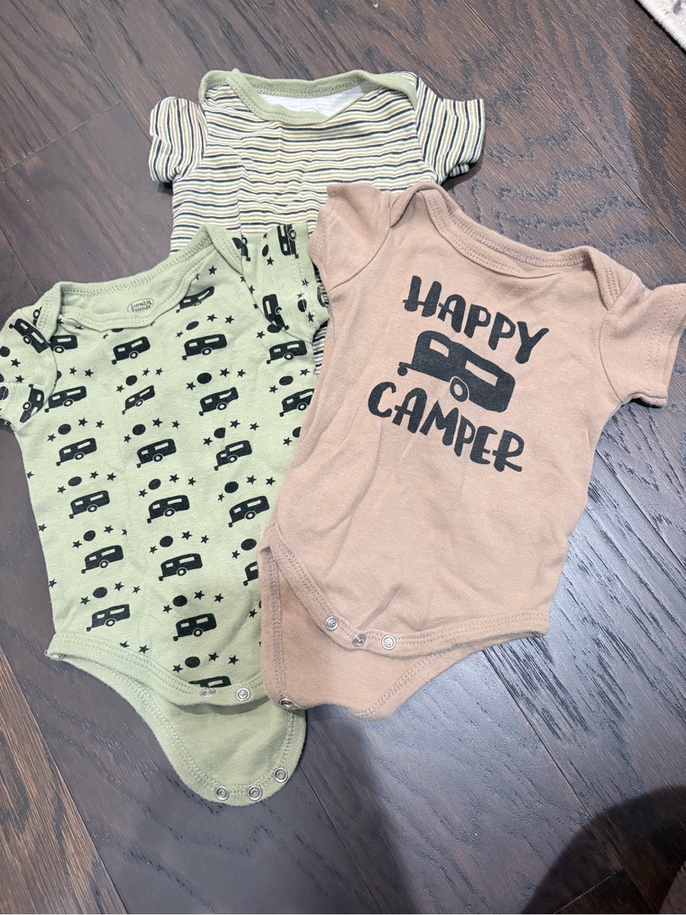 0-3 month bundle Luvable Friends Boys Camper Bodysuit Trio - Green, Tan & Stripe